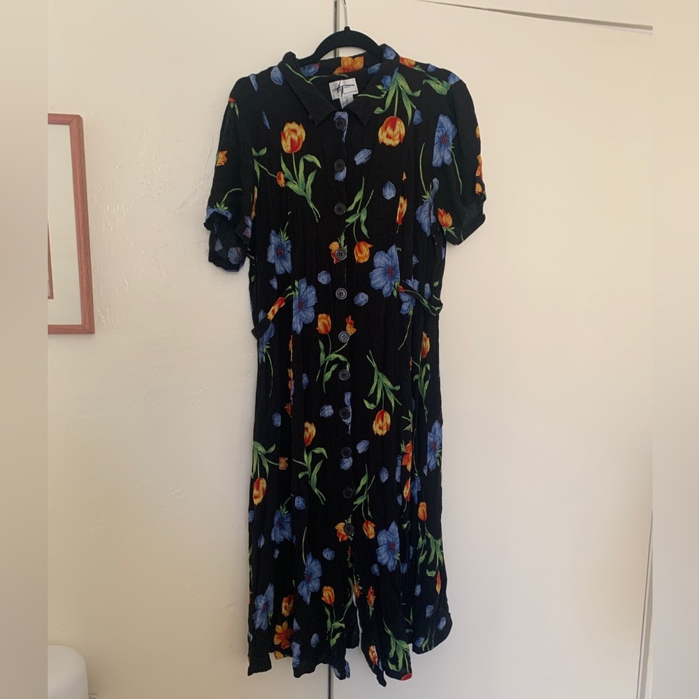 Vintage Plus Size Black Floral Midi Dress Sz 20W